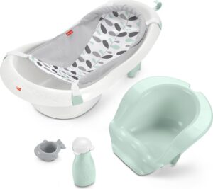 Best Baby Bath Essentials. Fisher-Price Baby to Toddler Bath 4-in-1 Sling ‘n Seat Tub with Removable Infant Support and 2 Toys, Climbing Leaves